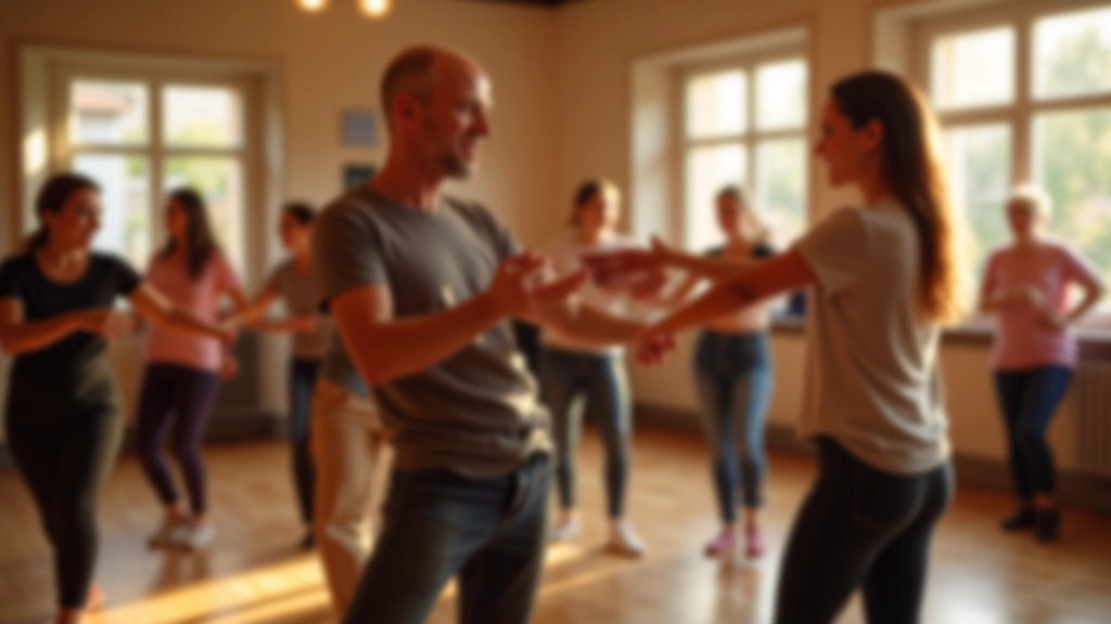 Instrutor experiente mostrando passos básicos de salsa para iniciantes num estúdio de dança