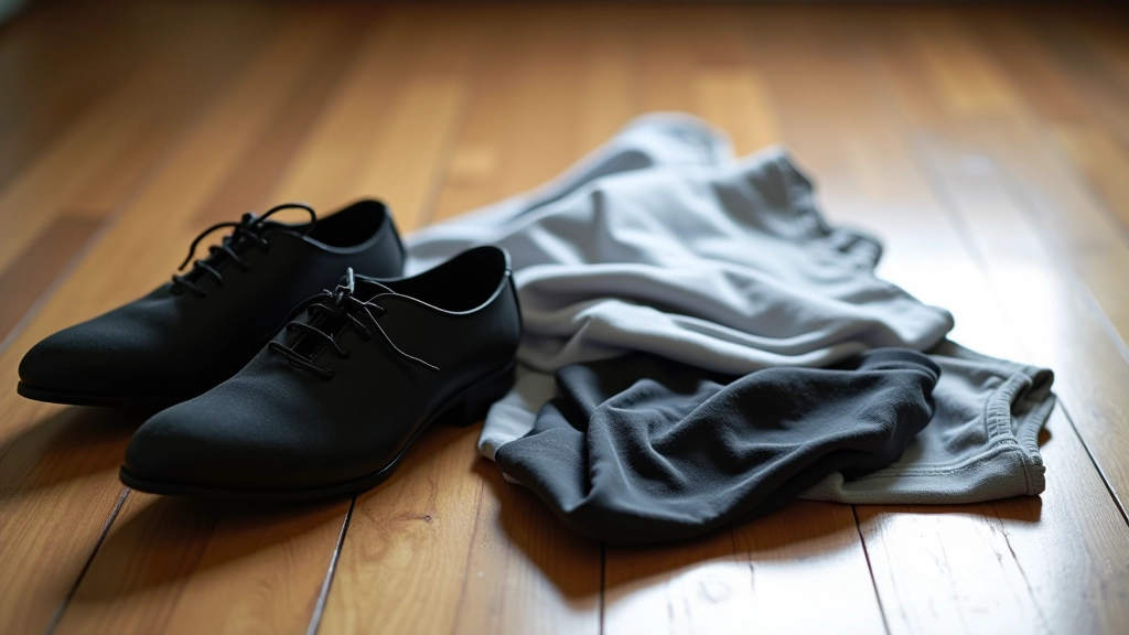 Sapatos de dança profissionais e vestuário de treino dispostos num cenário de estúdio de dança