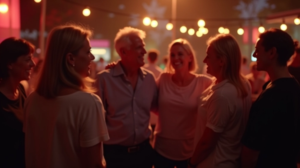 Comunidade de dançarinos adultos a sorrir e a conversar num intervalo de uma noite de dança
