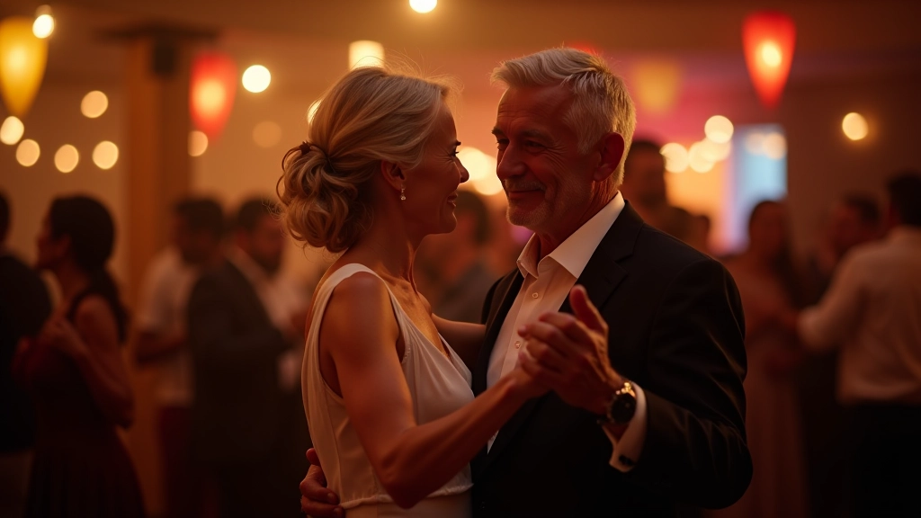 Casal adulto a dançar bachata num evento social num espaço decorado
