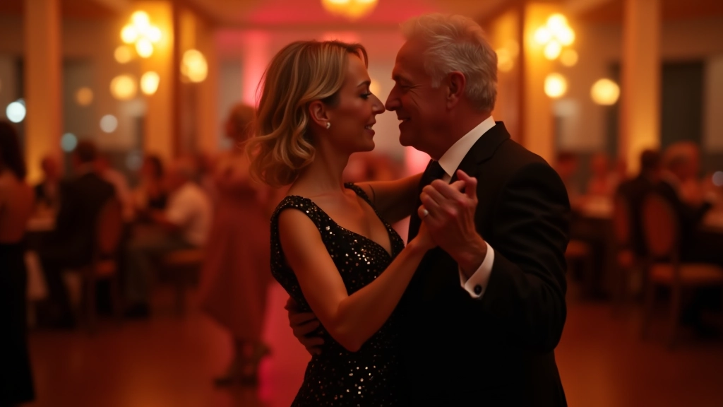 Casal de meia-idade dançando bachata num salão elegante com iluminação quente