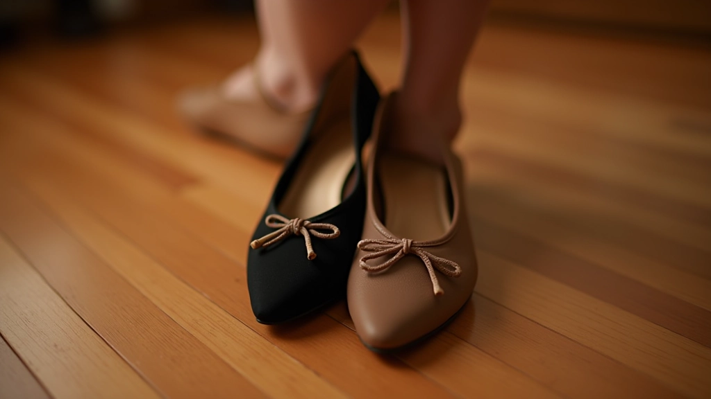 Sapatos de dança de salsa pretos e bege em diferentes ângulos sobre piso de madeira de estúdio de dança profissional