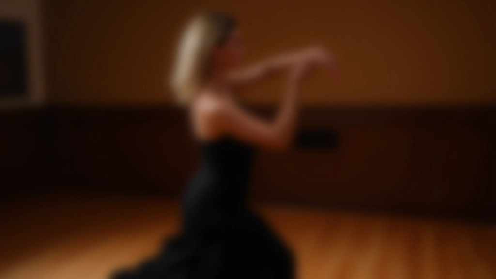 Mulher madura com 45 anos num vestido de dança elegante preto, em pose de movimento natural, estúdio com luz de cena quente