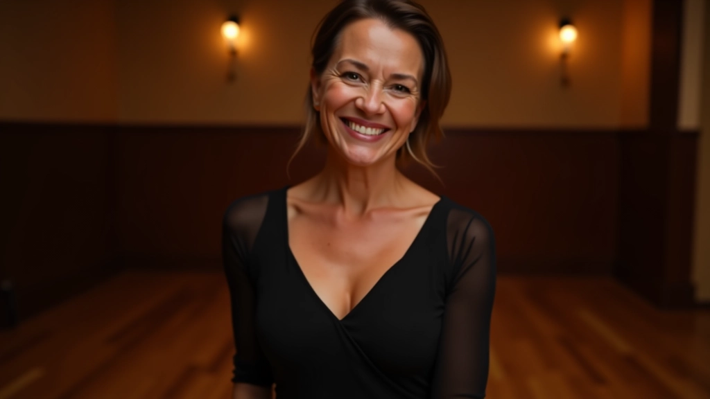 Mulher madura elegantemente vestida a sorrir com confiança num estúdio de dança com iluminação quente